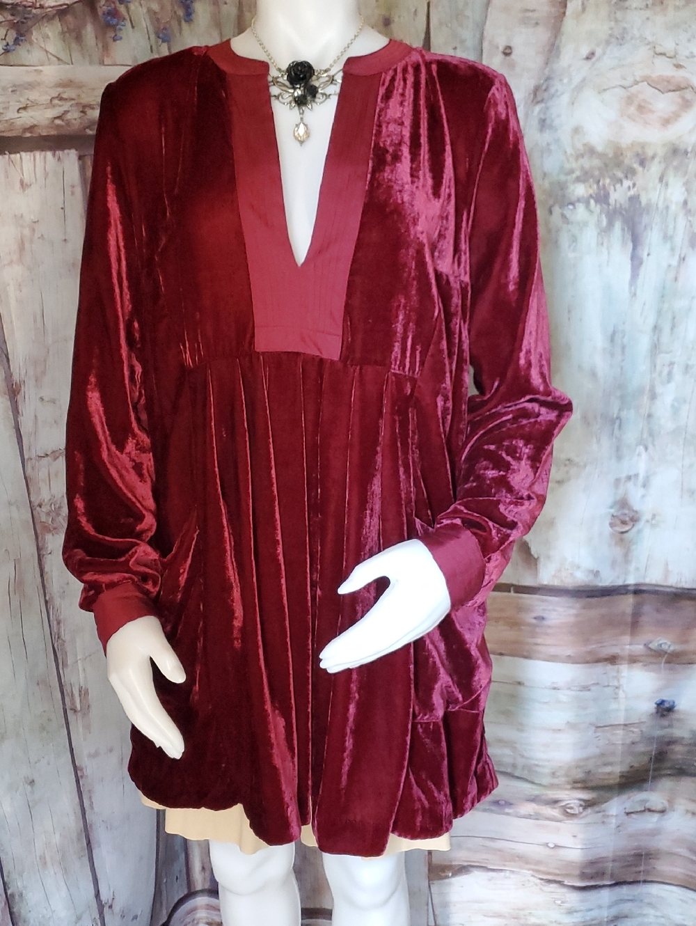 Free People Velvet Tunic Dress in Deep Red Wine M Pockets